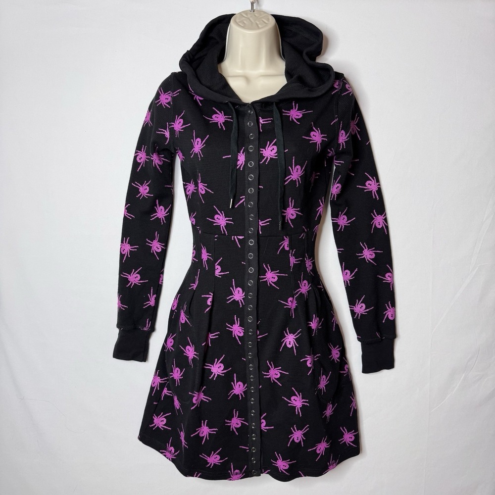 Betsey Johnson Y2K Spider Thermal Dress Sz  XS Black Pink Goth Witchy Hoodie - Picture 15 of 16